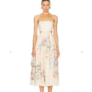 ZIMMERMAN Scallop Midi Dress in Cream Watercolour Floral Size: 2 / M